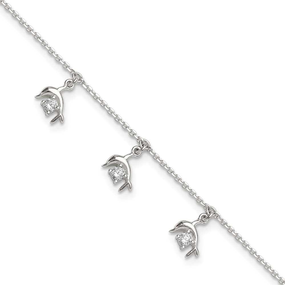 Sterling Silver Polished CZ Dolphins 9in Plus 1in Ext Anklet