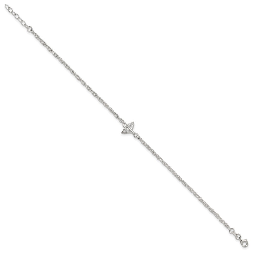 Sterling Silver Polished CZ Whale Tail 9in Plus 1in Ext Anklet