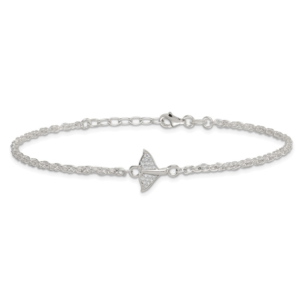Sterling Silver Polished CZ Whale Tail 9in Plus 1in Ext Anklet