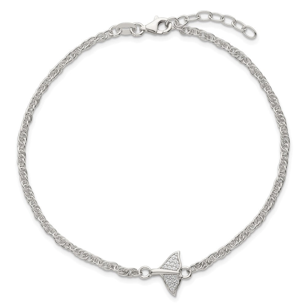 Sterling Silver Polished CZ Whale Tail 9in Plus 1in Ext Anklet