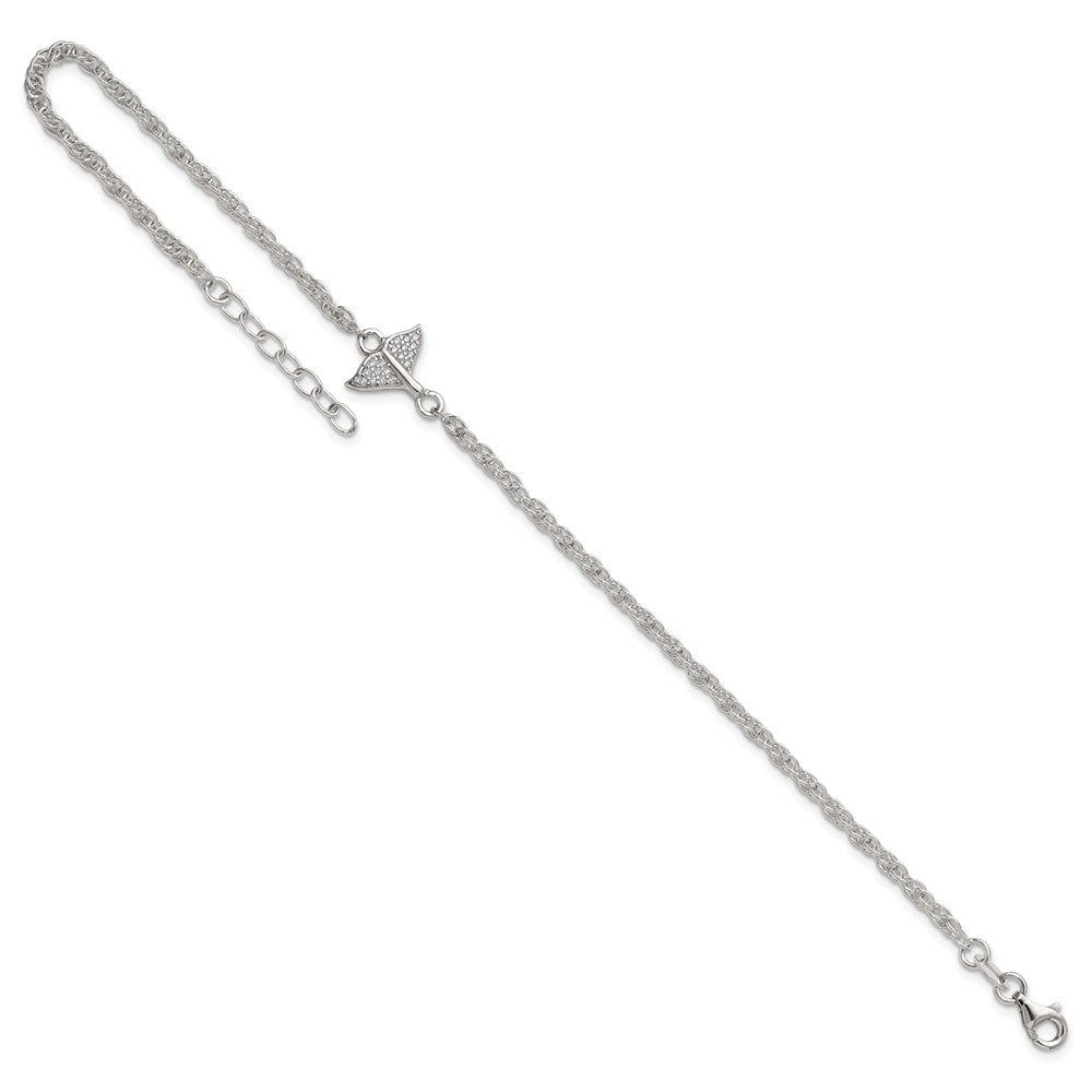 Sterling Silver Polished CZ Whale Tail 9in Plus 1in Ext Anklet