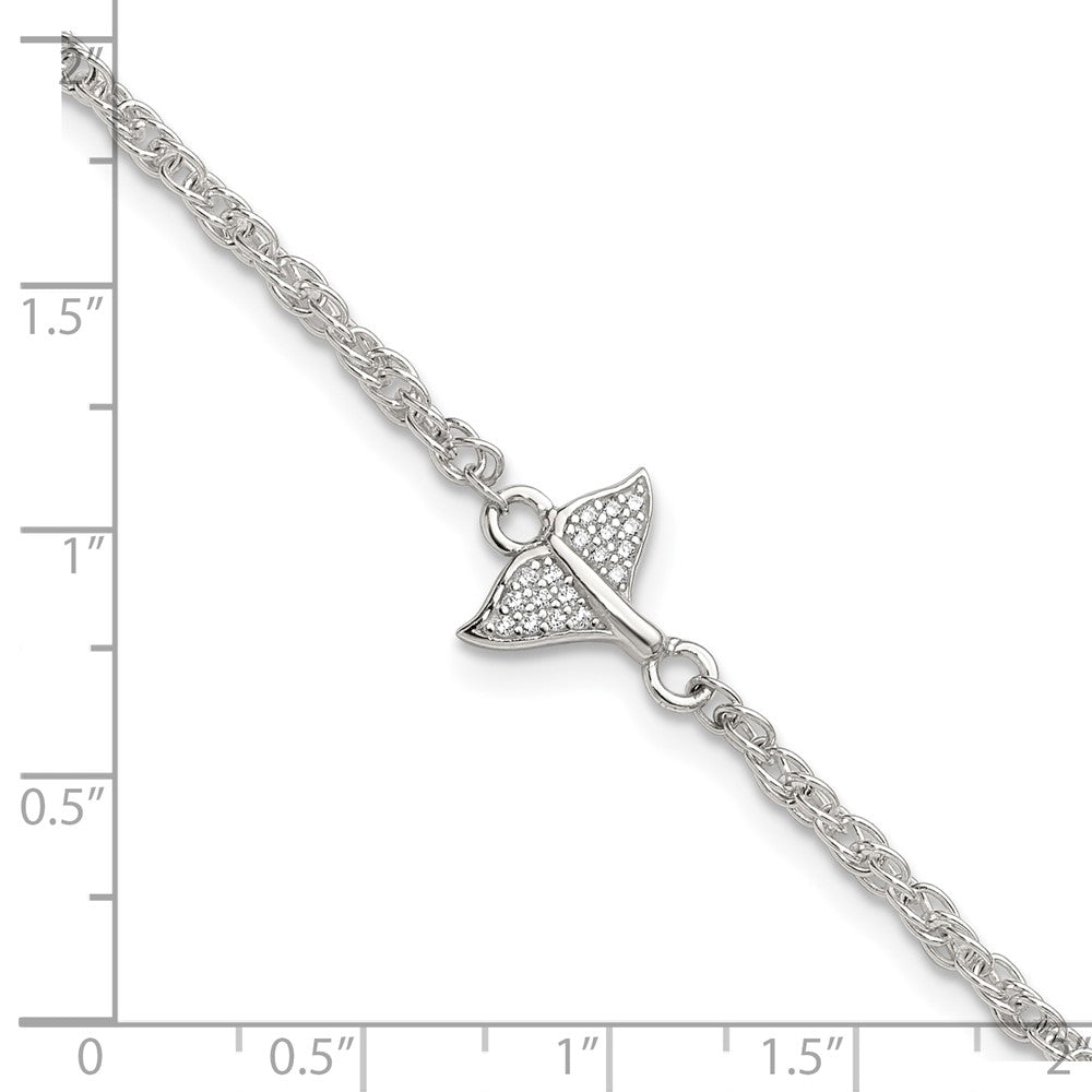 Sterling Silver Polished CZ Whale Tail 9in Plus 1in Ext Anklet
