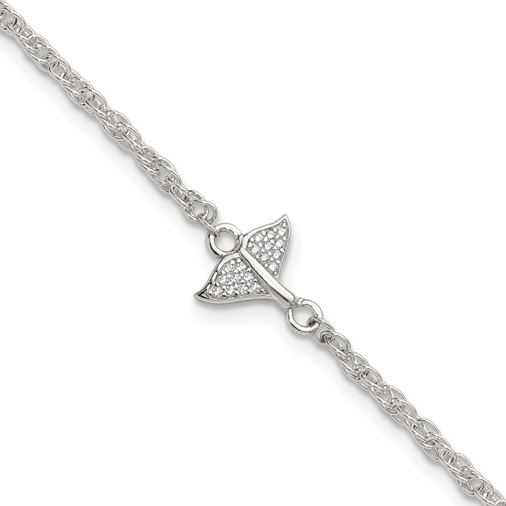 Sterling Silver Polished CZ Whale Tail 9in Plus 1in Ext Anklet