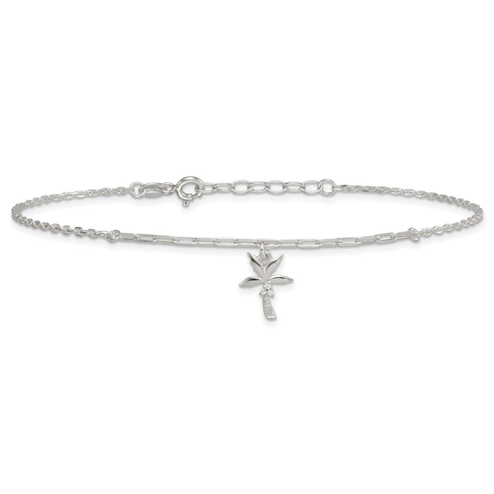 Sterling Silver Polished CZ Palm Tree 9in Plus 1in Ext Anklet