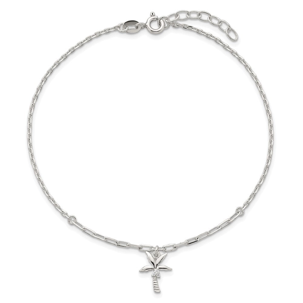 Sterling Silver Polished CZ Palm Tree 9in Plus 1in Ext Anklet