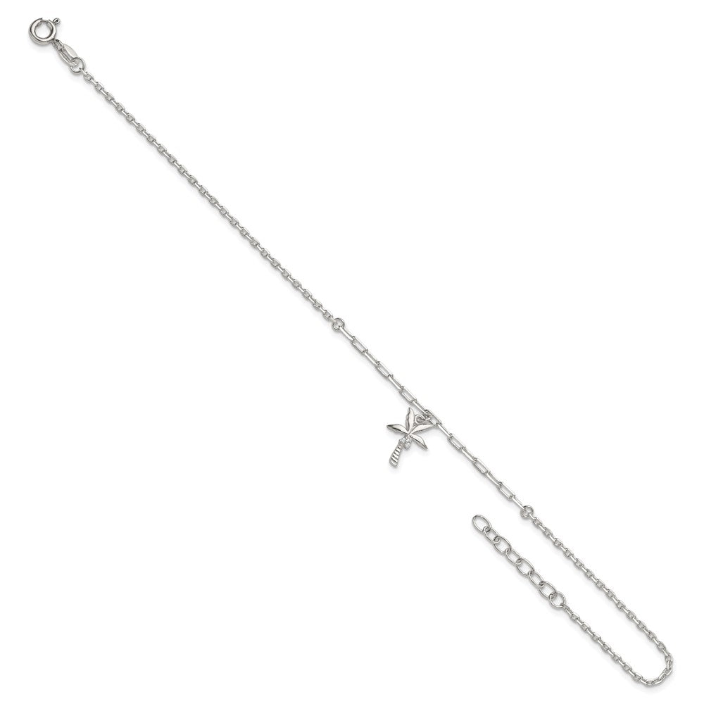Sterling Silver Polished CZ Palm Tree 9in Plus 1in Ext Anklet