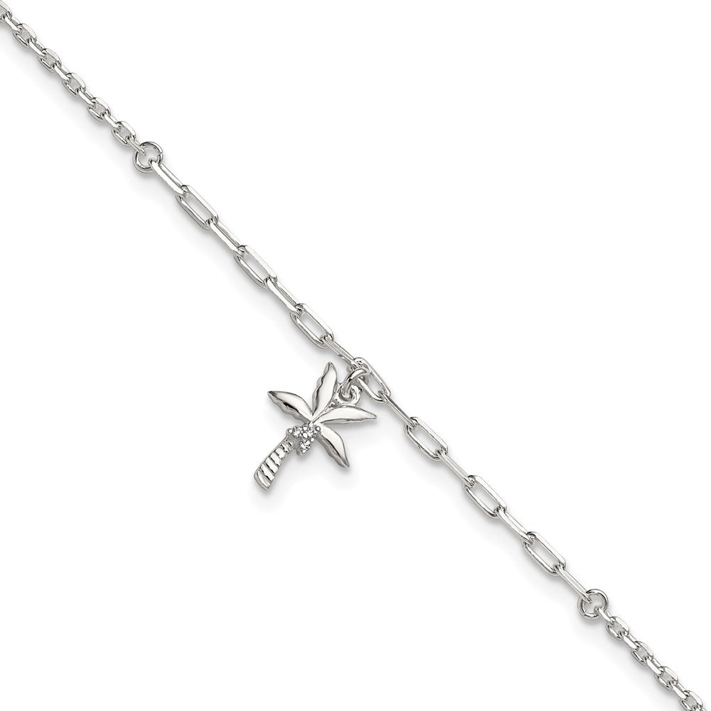 Sterling Silver Polished CZ Palm Tree 9in Plus 1in Ext Anklet