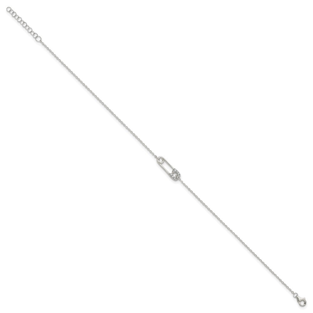 Sterling Silver Polished CZ Safety Pin 9 Inch Plus 1 Inch Extension Anklet