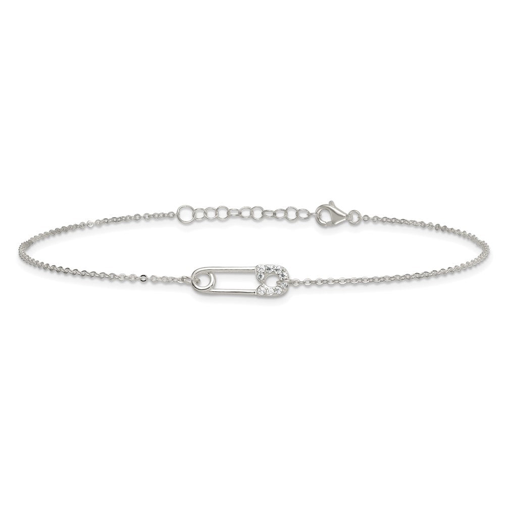Sterling Silver Polished CZ Safety Pin 9 Inch Plus 1 Inch Extension Anklet