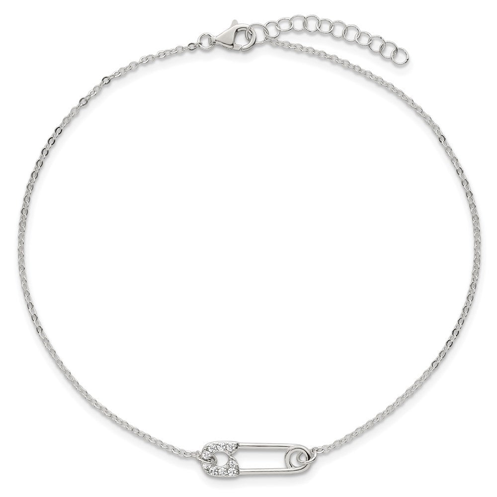 Sterling Silver Polished CZ Safety Pin 9 Inch Plus 1 Inch Extension Anklet