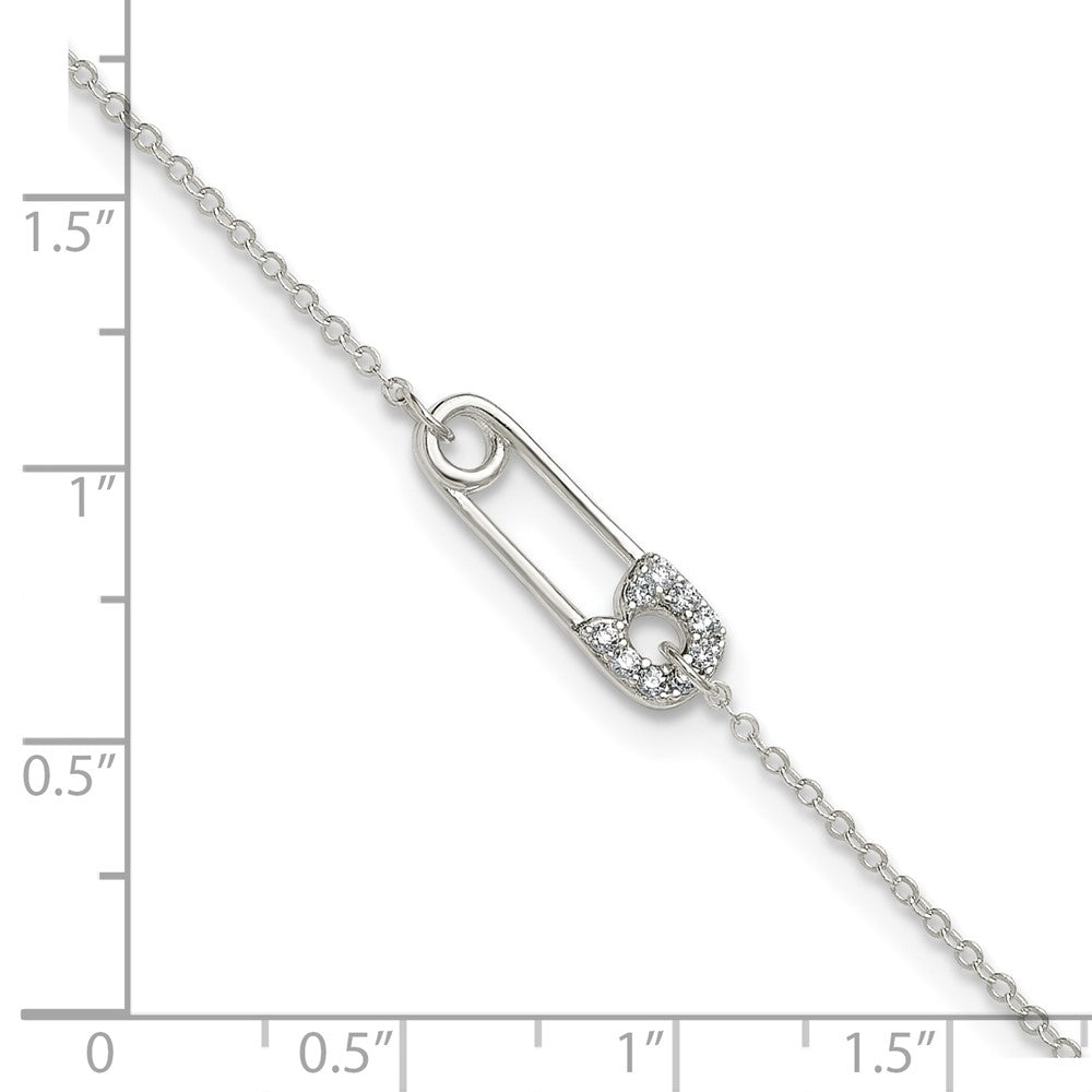 Sterling Silver Polished CZ Safety Pin 9 Inch Plus 1 Inch Extension Anklet