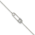 Sterling Silver Polished CZ Safety Pin 9 Inch Plus 1 Inch Extension Anklet