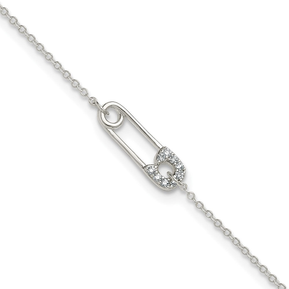 Sterling Silver Polished CZ Safety Pin 9 Inch Plus 1 Inch Extension Anklet