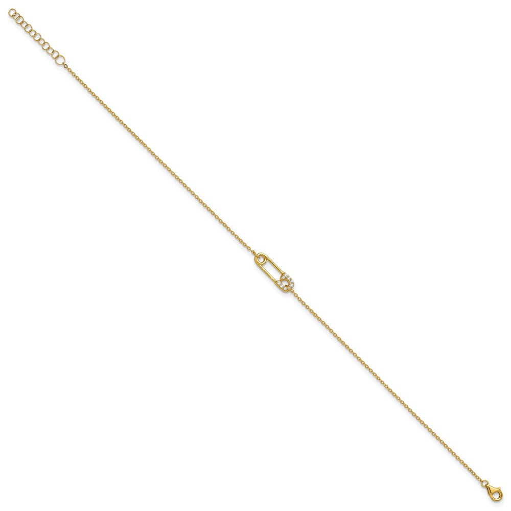 Sterling Silver Gold-tone Polished CZ Safety Pin 9in Plus 1in Ext Anklet
