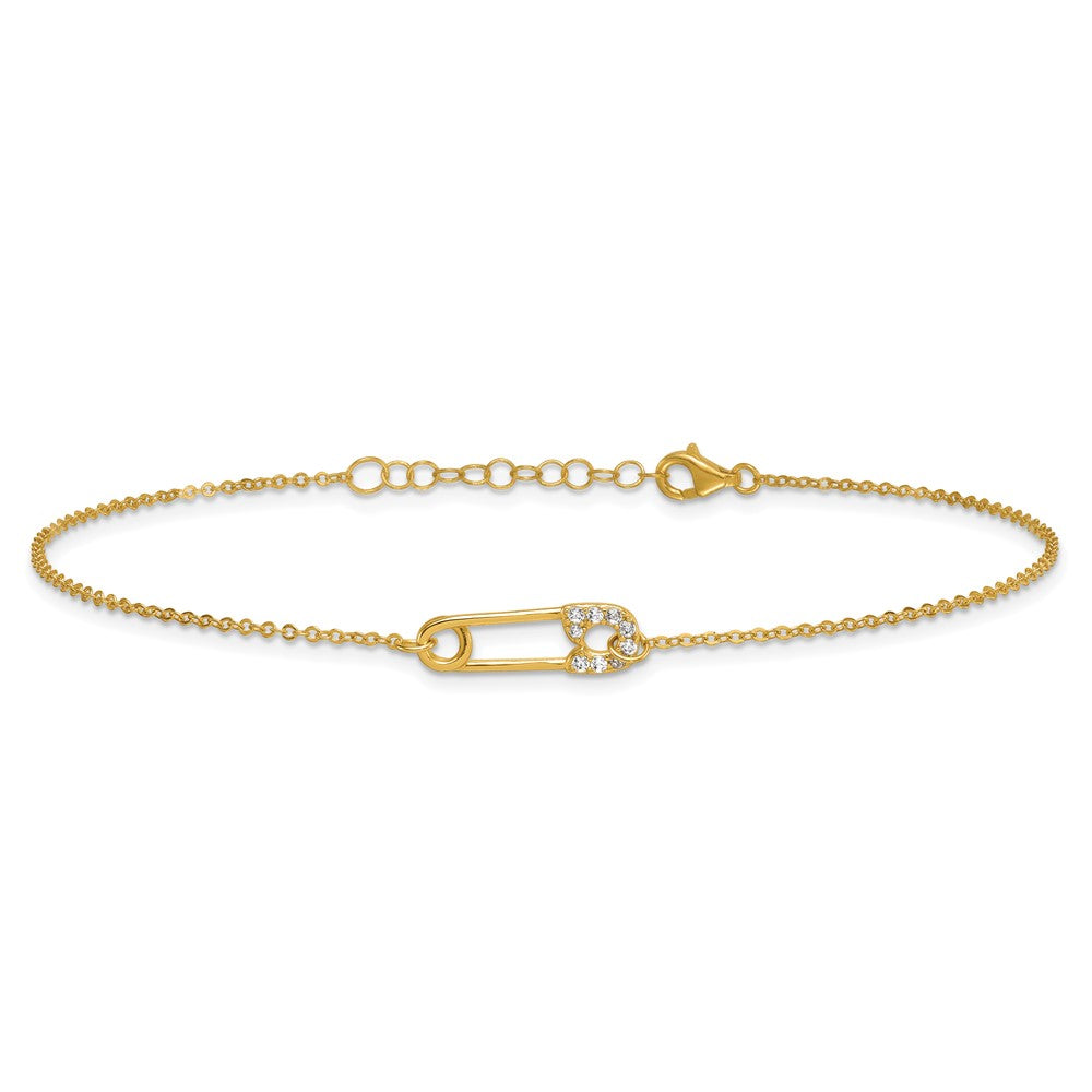 Sterling Silver Gold-tone Polished CZ Safety Pin 9in Plus 1in Ext Anklet