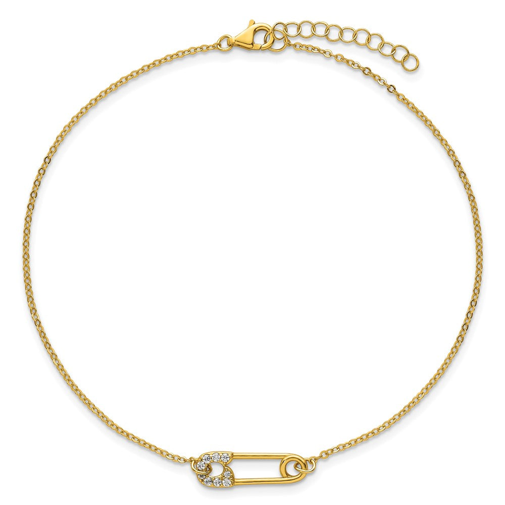 Sterling Silver Gold-tone Polished CZ Safety Pin 9in Plus 1in Ext Anklet