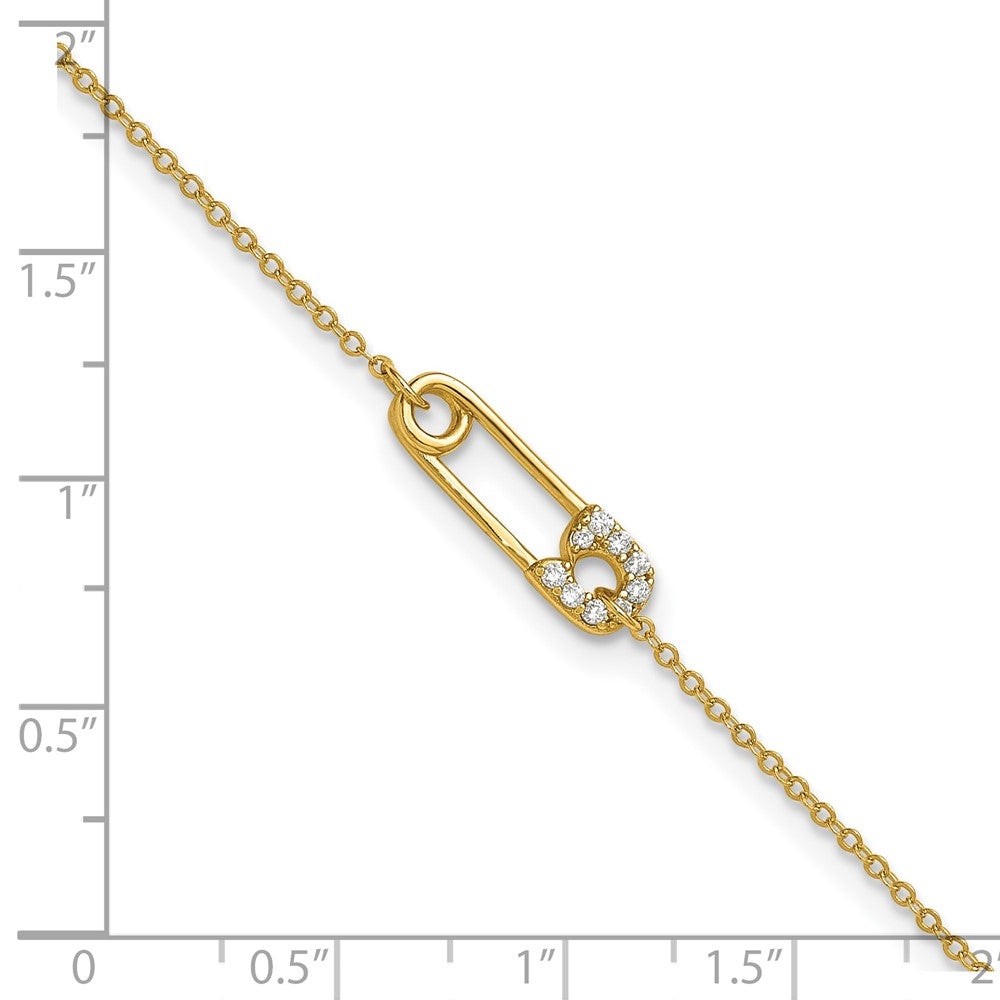 Sterling Silver Gold-tone Polished CZ Safety Pin 9in Plus 1in Ext Anklet