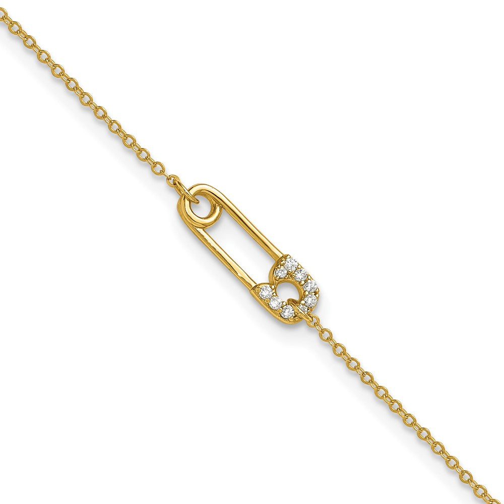 Sterling Silver Gold-tone Polished CZ Safety Pin 9in Plus 1in Ext Anklet