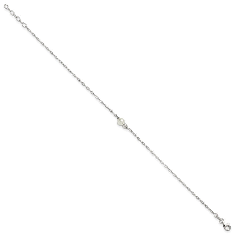 Sterling Silver Polished Bead and Glass Pearl 9in Plus 1in Ext Anklet