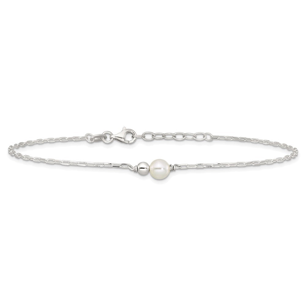 Sterling Silver Polished Bead and Glass Pearl 9in Plus 1in Ext Anklet