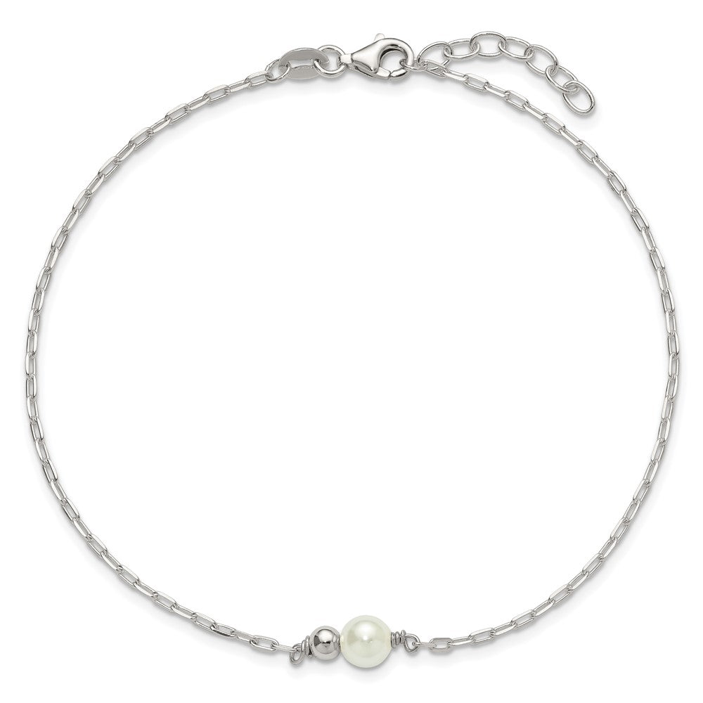 Sterling Silver Polished Bead and Glass Pearl 9in Plus 1in Ext Anklet