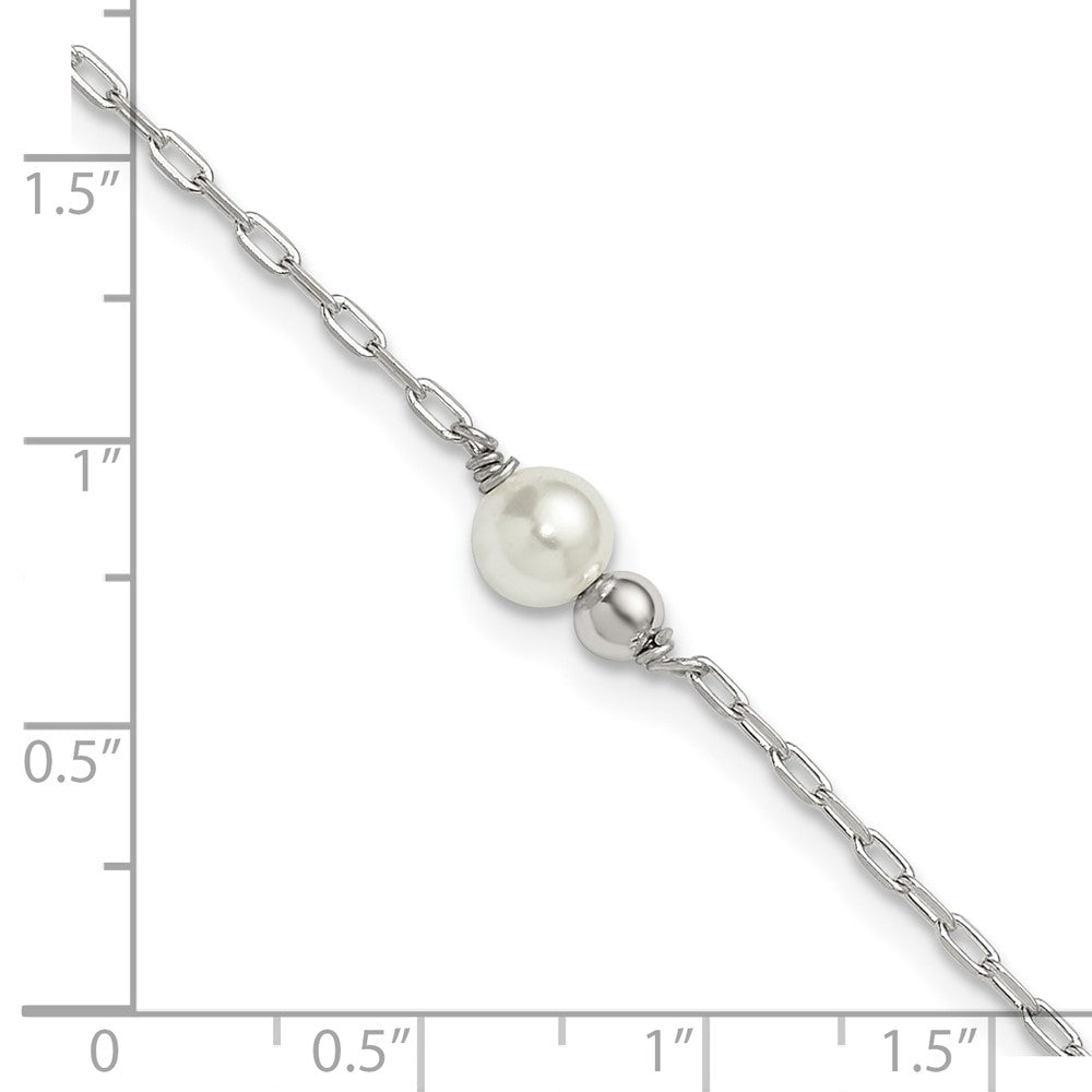 Sterling Silver Polished Bead and Glass Pearl 9in Plus 1in Ext Anklet