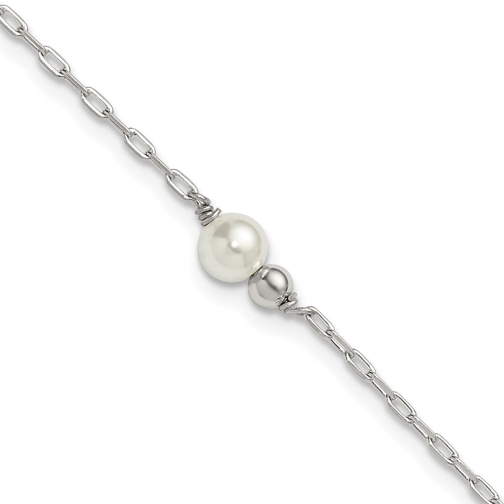 Sterling Silver Polished Bead and Glass Pearl 9in Plus 1in Ext Anklet