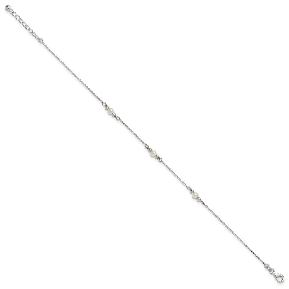 Sterling Silver Polished and Beaded Acrylic Pearl 9in Plus 1in Ext Anklet