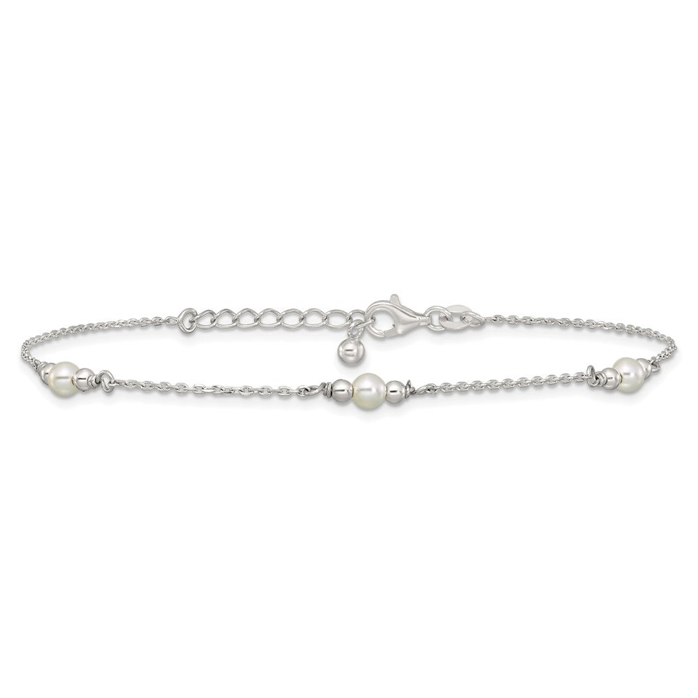 Sterling Silver Polished and Beaded Acrylic Pearl 9in Plus 1in Ext Anklet