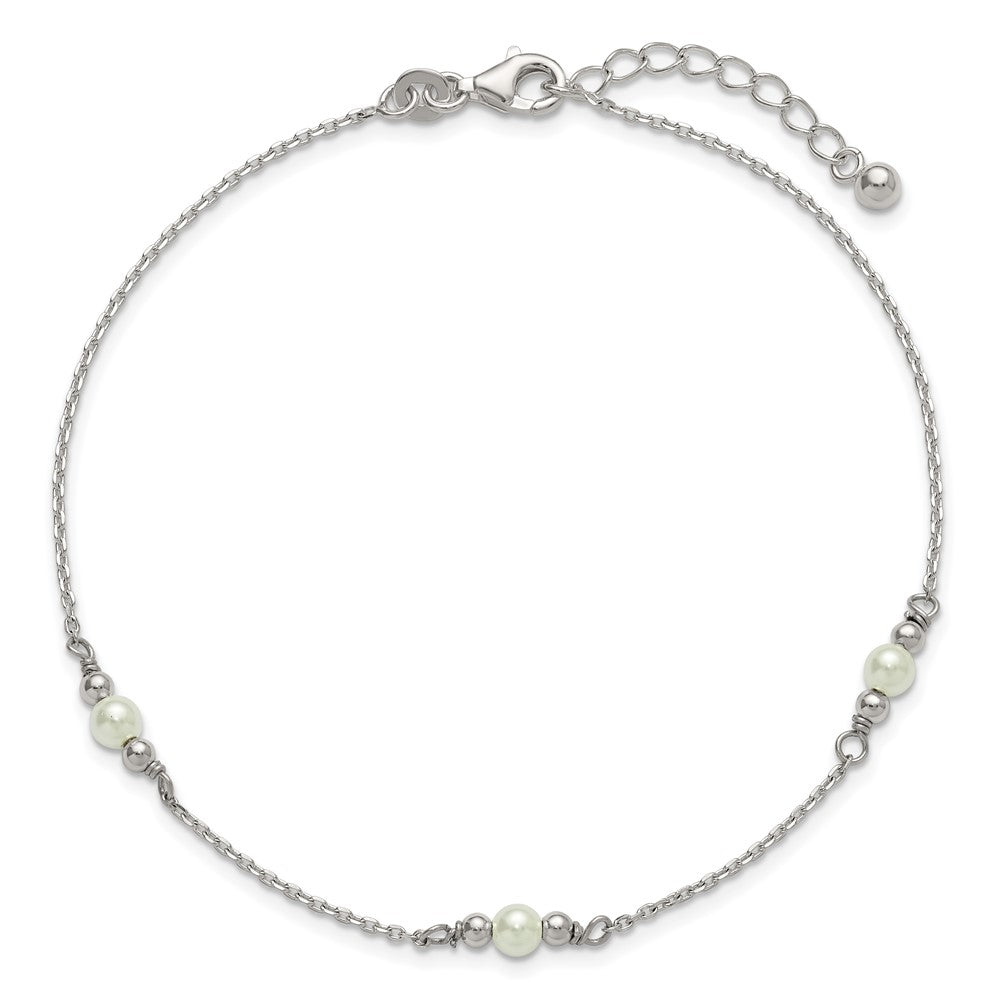 Sterling Silver Polished and Beaded Acrylic Pearl 9in Plus 1in Ext Anklet