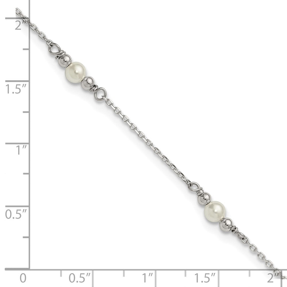 Sterling Silver Polished and Beaded Acrylic Pearl 9in Plus 1in Ext Anklet