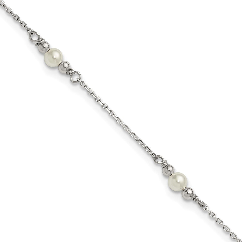 Sterling Silver Polished and Beaded Acrylic Pearl 9in Plus 1in Ext Anklet