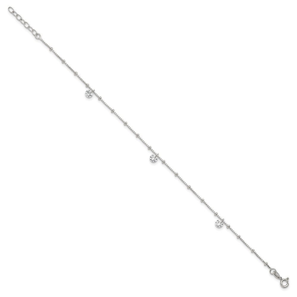 Sterling Silver Polished and Beaded CZ 9in Plus 1in Ext Anklet