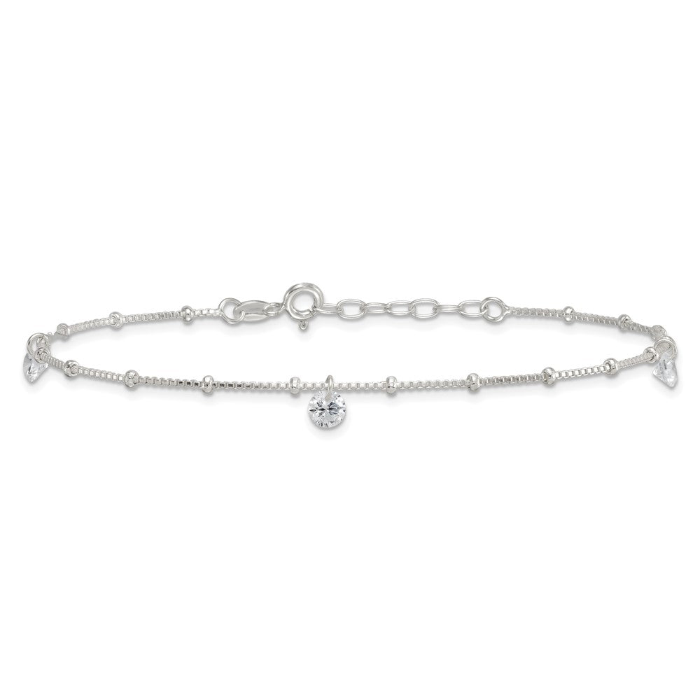 Sterling Silver Polished and Beaded CZ 9in Plus 1in Ext Anklet