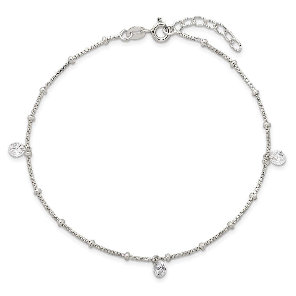 Sterling Silver Polished and Beaded CZ 9in Plus 1in Ext Anklet