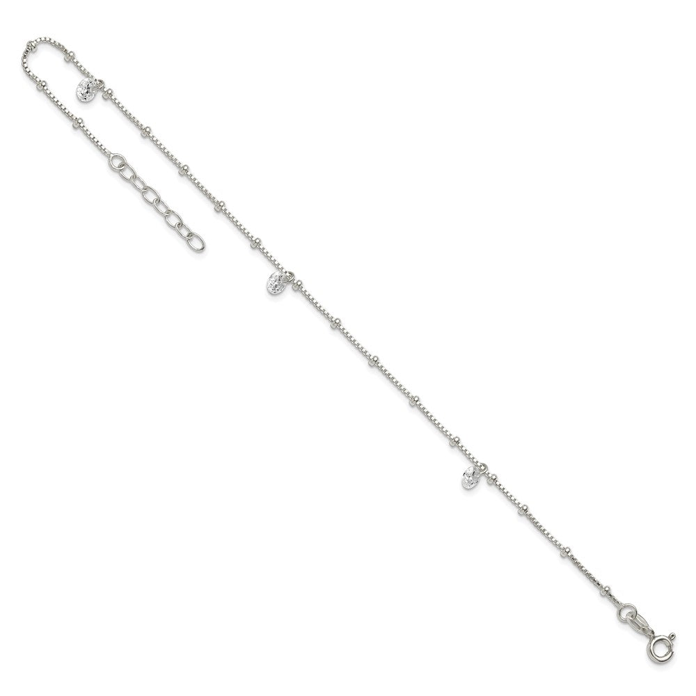 Sterling Silver Polished and Beaded CZ 9in Plus 1in Ext Anklet