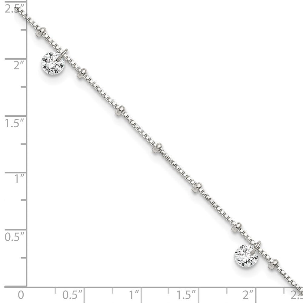 Sterling Silver Polished and Beaded CZ 9in Plus 1in Ext Anklet