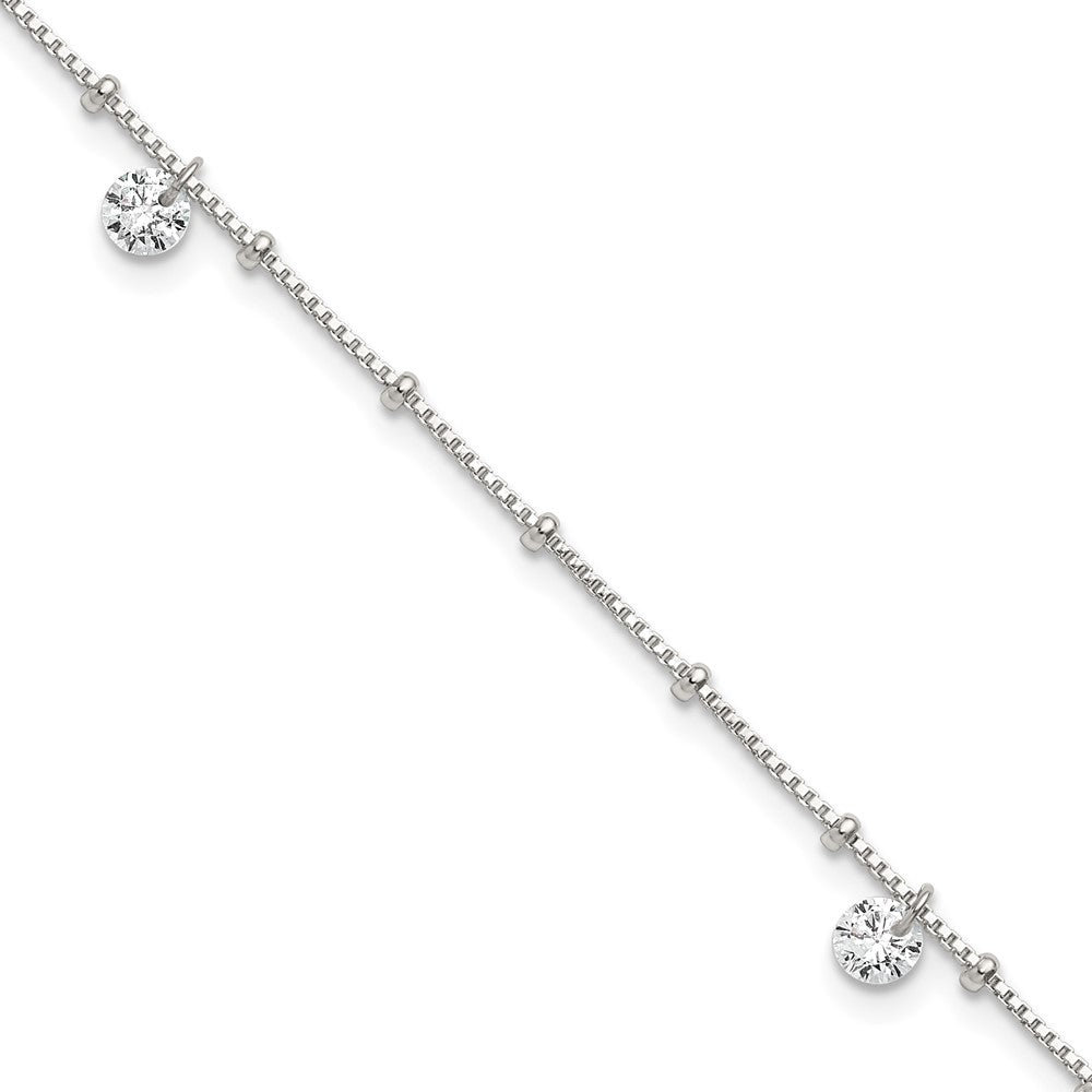 Sterling Silver Polished and Beaded CZ 9in Plus 1in Ext Anklet