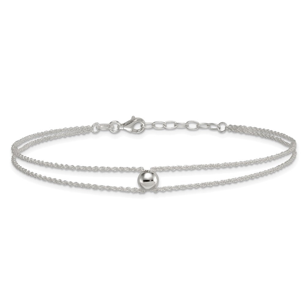 Sterling Silver Polished 2 Strand Bead 9in Plus 1in Ext Anklet