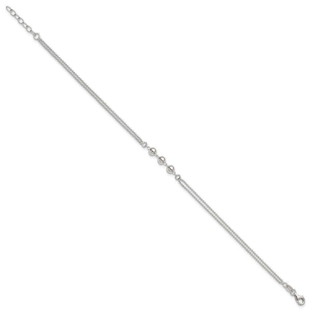 Sterling Silver Polished Beaded 2-Strand Plus Ext Anklet