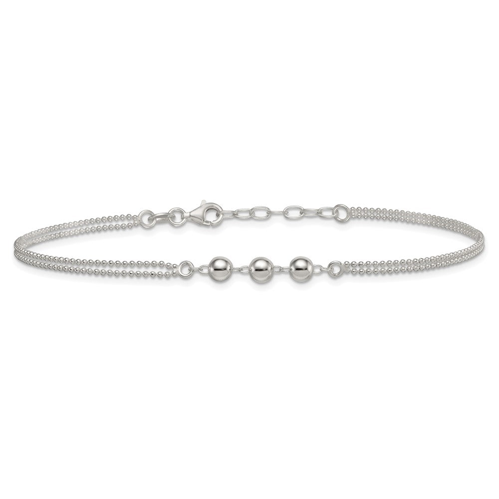 Sterling Silver Polished Beaded 2-Strand Plus Ext Anklet