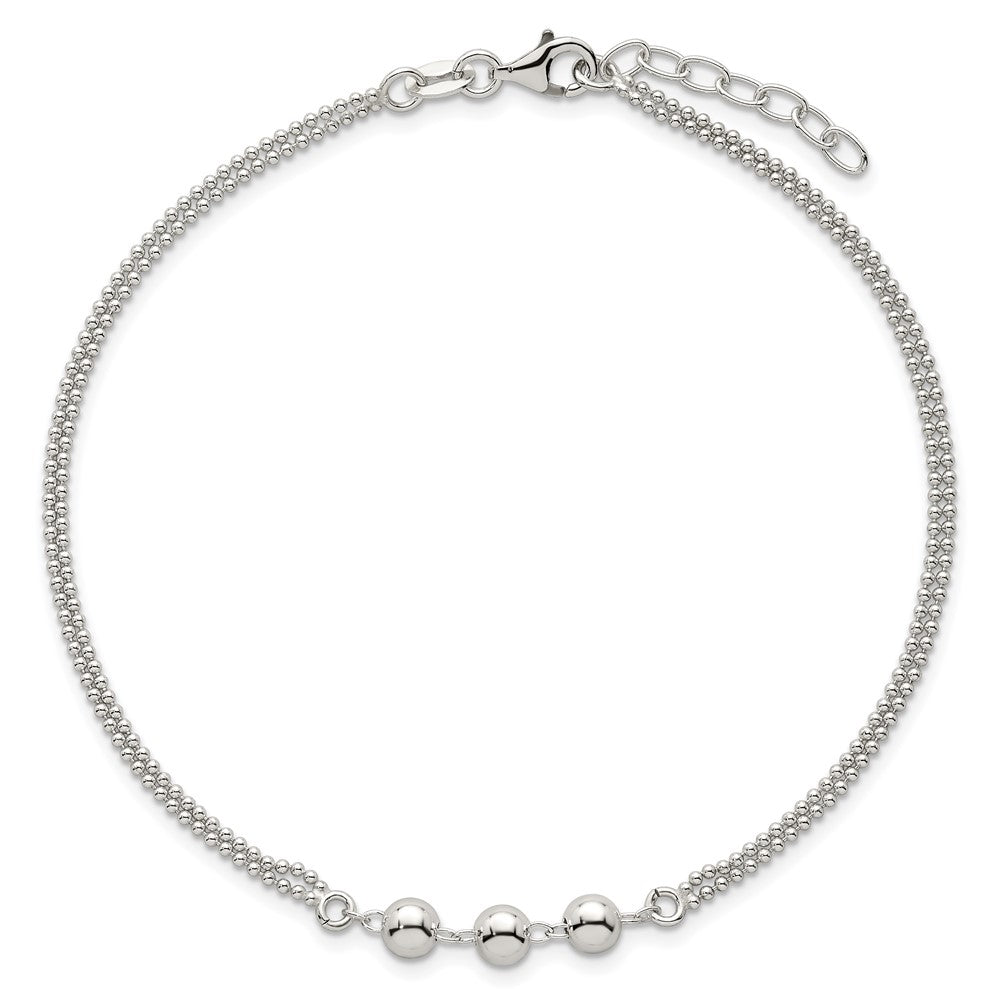 Sterling Silver Polished Beaded 2-Strand Plus Ext Anklet