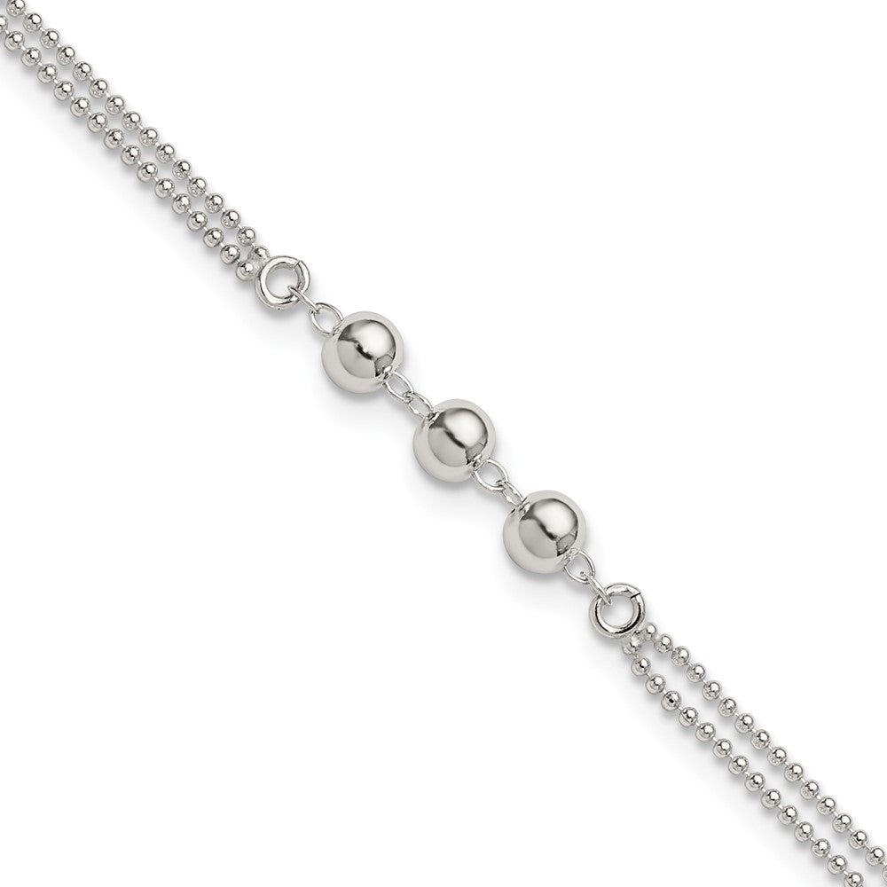 Sterling Silver Polished Beaded 2-Strand Plus Ext Anklet