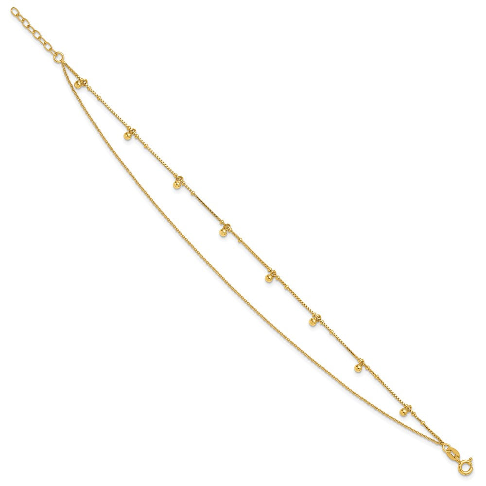Sterling Silver Gold-tone Polish/ Beaded 2-Strand 9in Plus 1in Ext Anklet