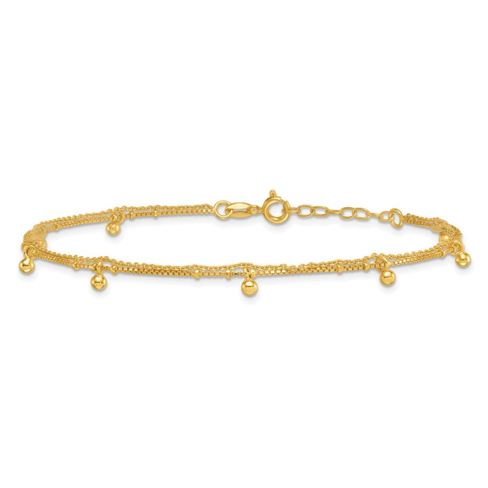 Sterling Silver Gold-tone Polish/ Beaded 2-Strand 9in Plus 1in Ext Anklet