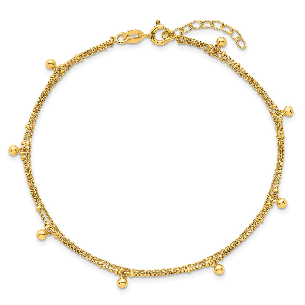 Sterling Silver Gold-tone Polish/ Beaded 2-Strand 9in Plus 1in Ext Anklet