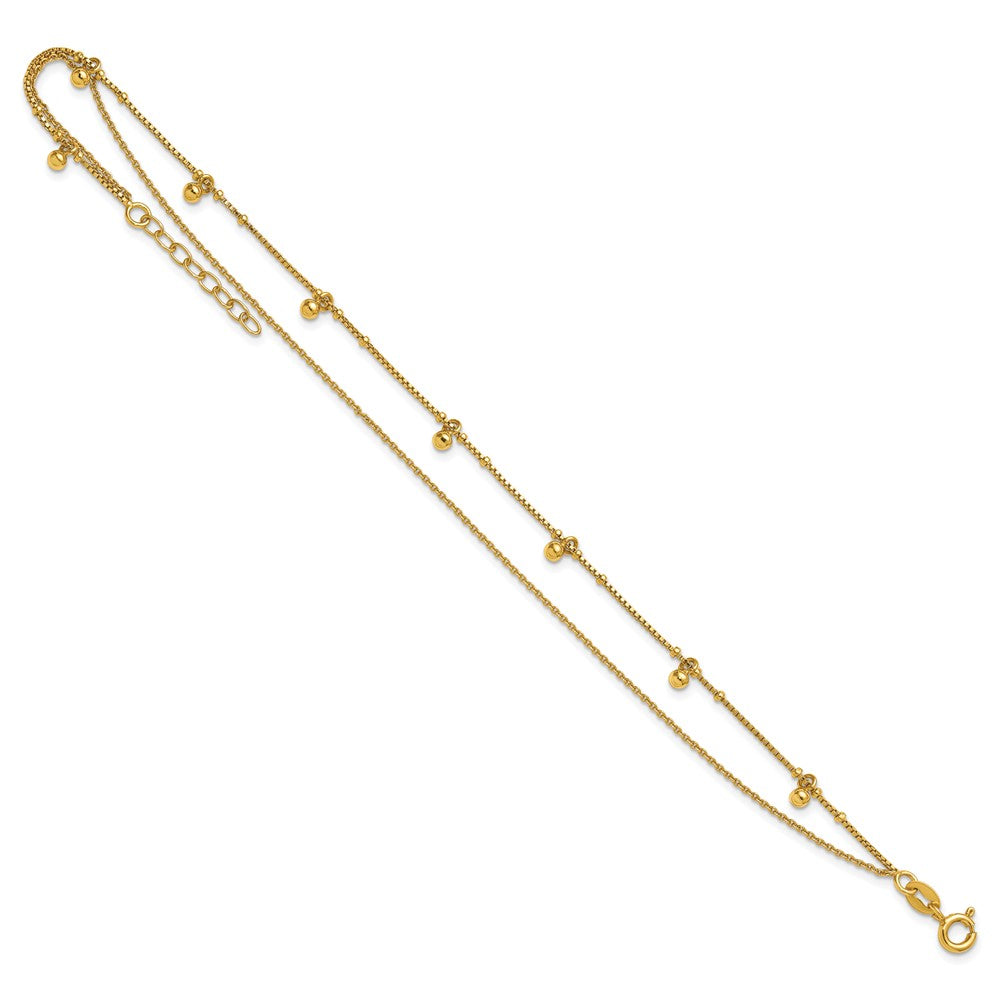 Sterling Silver Gold-tone Polish/ Beaded 2-Strand 9in Plus 1in Ext Anklet