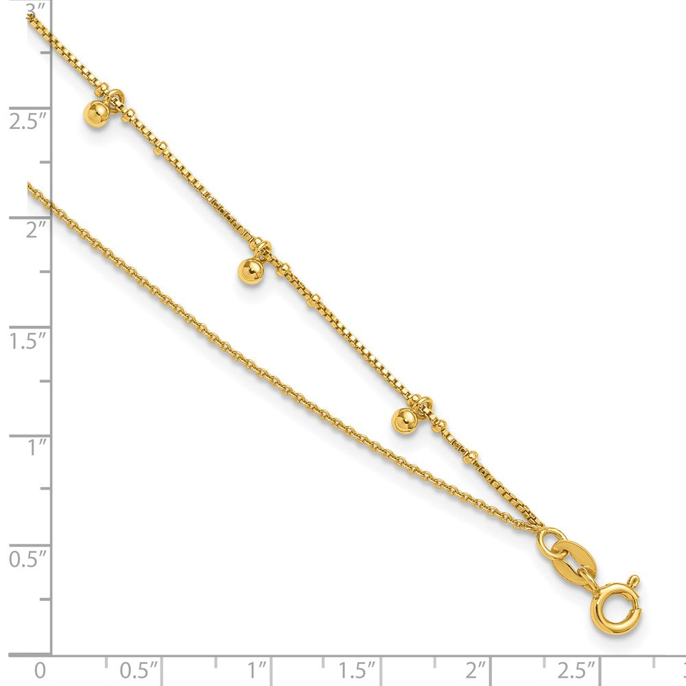Sterling Silver Gold-tone Polish/ Beaded 2-Strand 9in Plus 1in Ext Anklet