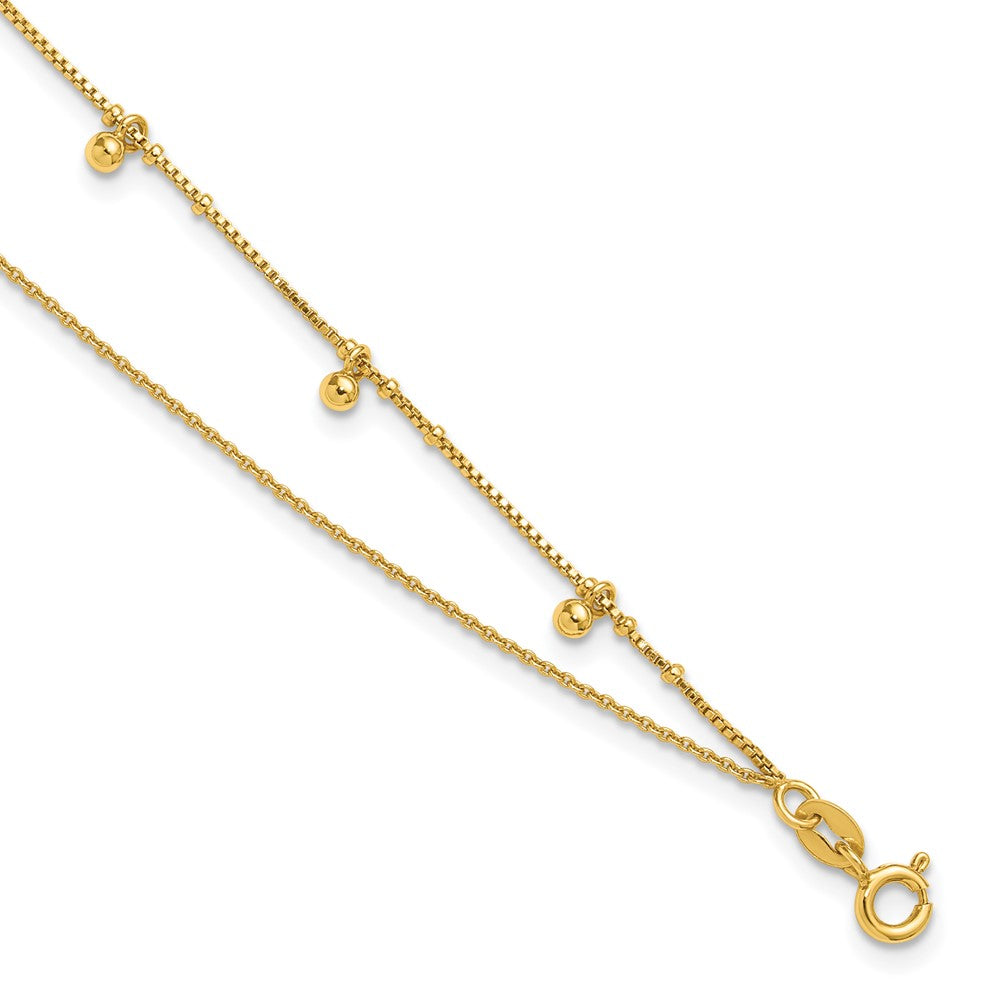 Sterling Silver Gold-tone Polish/ Beaded 2-Strand 9in Plus 1in Ext Anklet