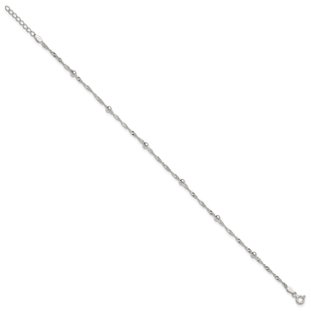 Sterling Silver Polished and Beaded Fancy Link 9in Plus 1in Ext Anklet